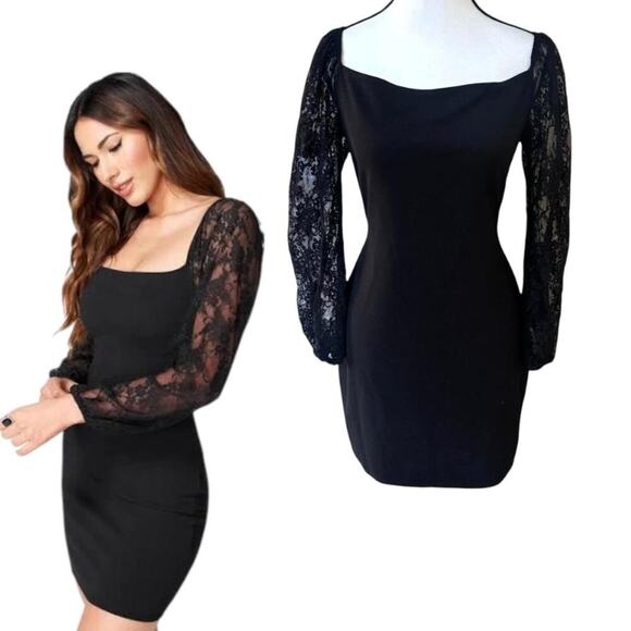 BEBE BLACK LACE SLEEVE MINI SQUARE NECK DRESS SIZE LARGE. - Picture 2 of 9